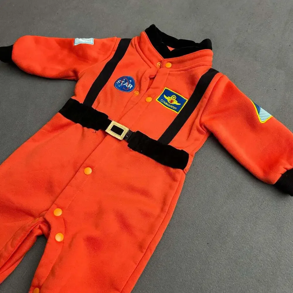 Baby Infant Orange Astronaut Space Suit Fleece Jumpsuit Costume Romper